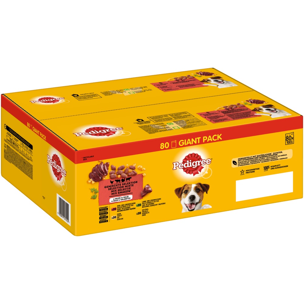 PEDIGREE® Multipack Portionsbeutel Gemischte Selektion 4 Varietäten Rind- und Lebermischung, Huhn, Lamm- und Lebermischung, Geflügel in Gelee 80x100g