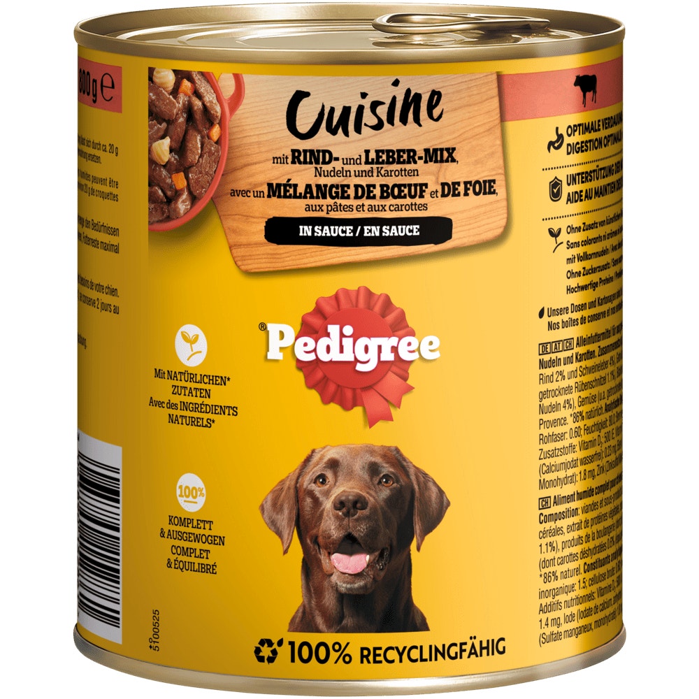 PEDIGREE® Cuisine in Sauce mit Rind, Leber, Nudeln & Karotten, Dose 800g