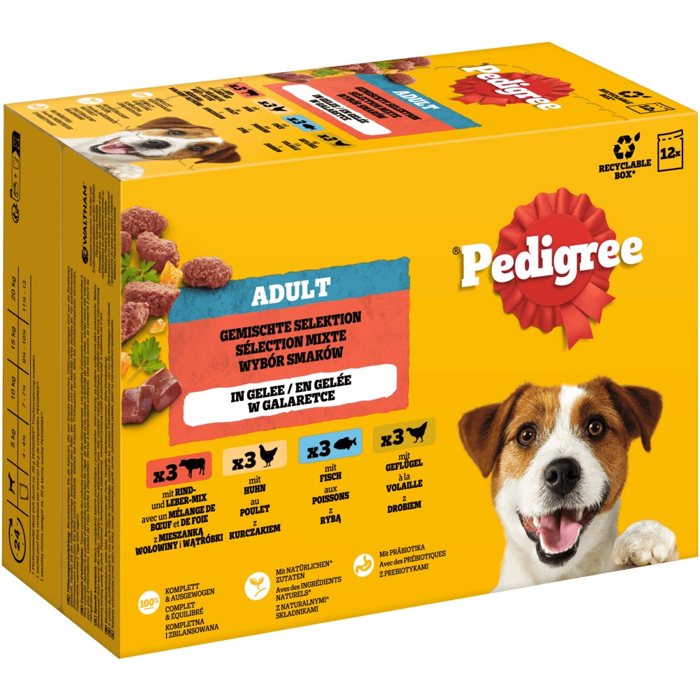 PEDIGREE® Multipack Portionsbeutel Gemischte Selektion 4 Varietäten Rind- & Lebermix, Huhn, Fisch, Geflügel in Gelee 12x100g