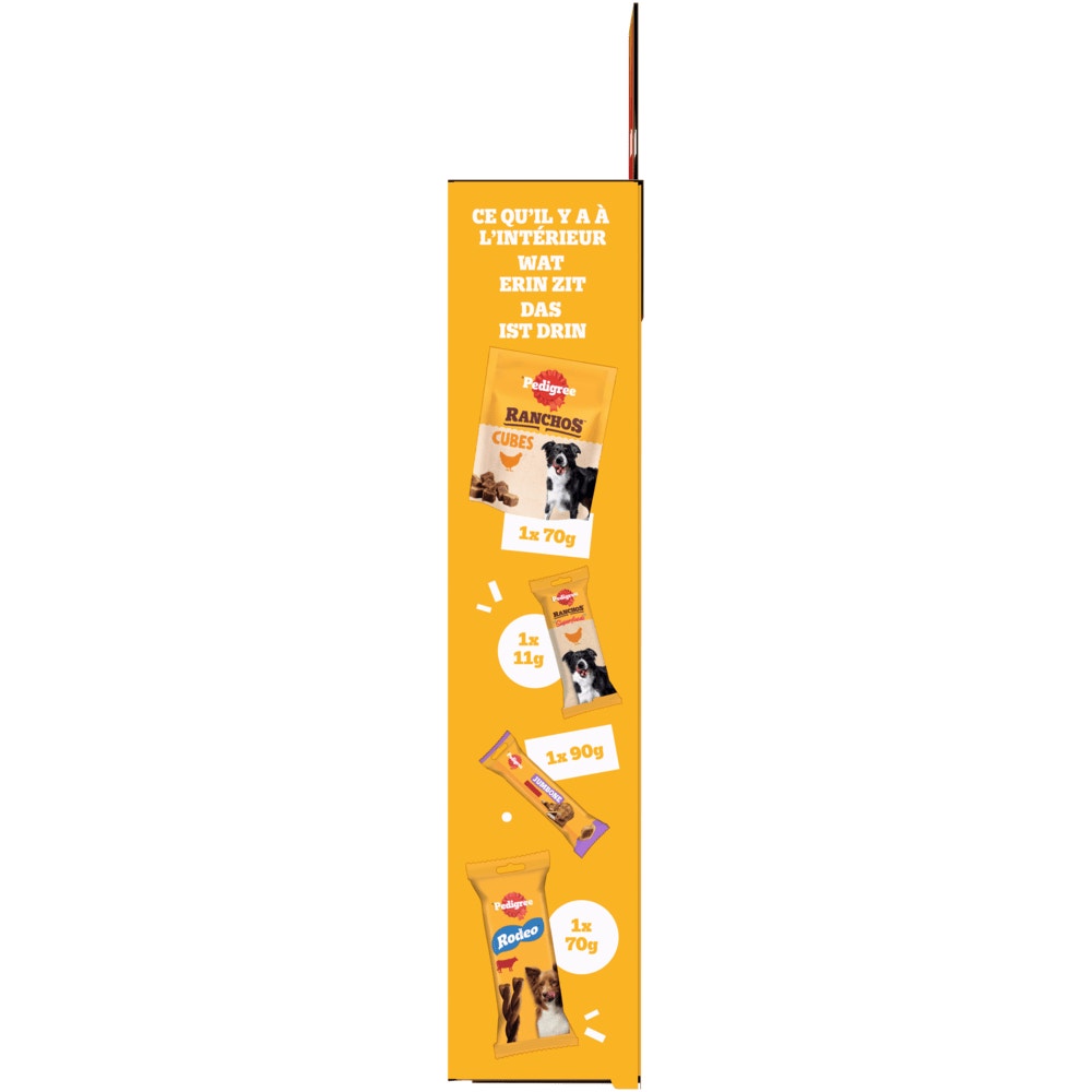 PEDIGREE® Party Pack 4 Varietäten RANCHOS™ Cubes Huhn, RANCHOS™ Superfoods Huhn, JUMBONE™ Rind & Geflügel, RODEO™ Rind, Multipack 241g