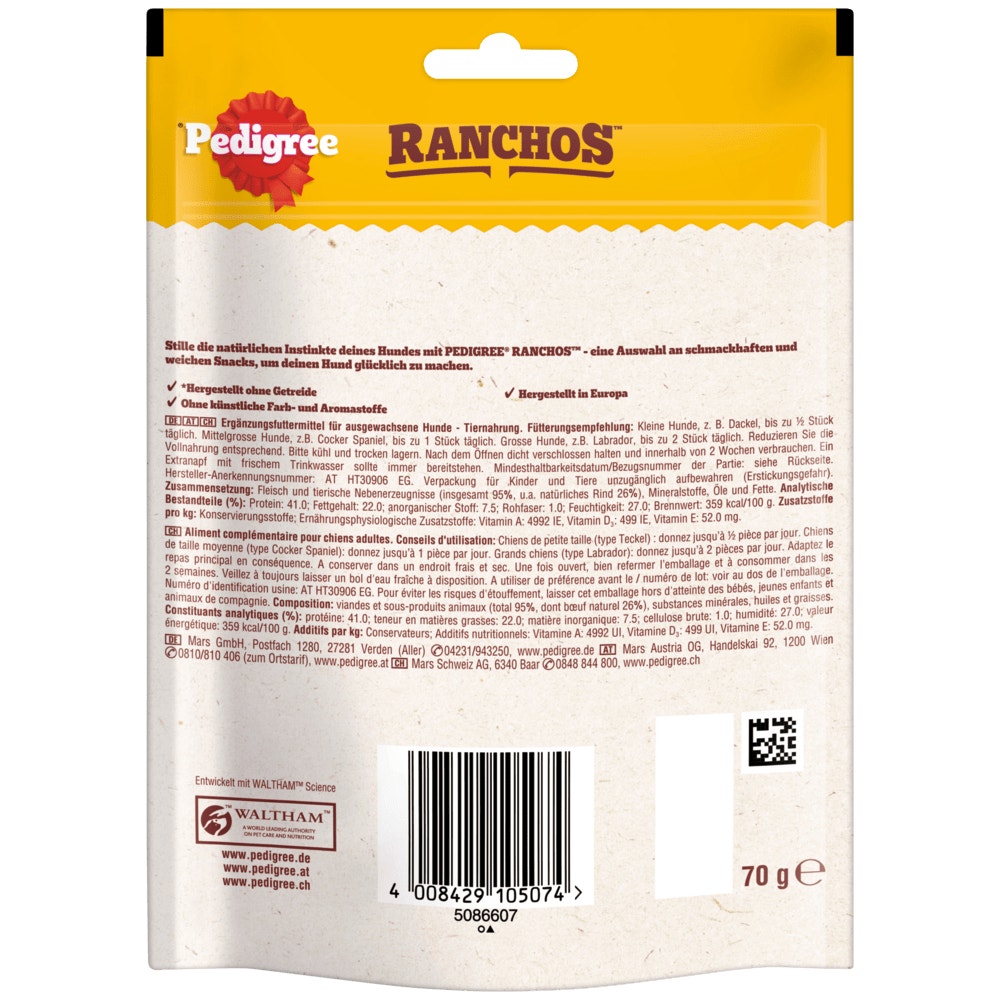 PEDIGREE® RANCHOS™ Jerkies mit Rind, 70g & 180g